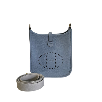 Used HERMES Clemence Leather Evelyne Crossbody Bag Blue GHW
