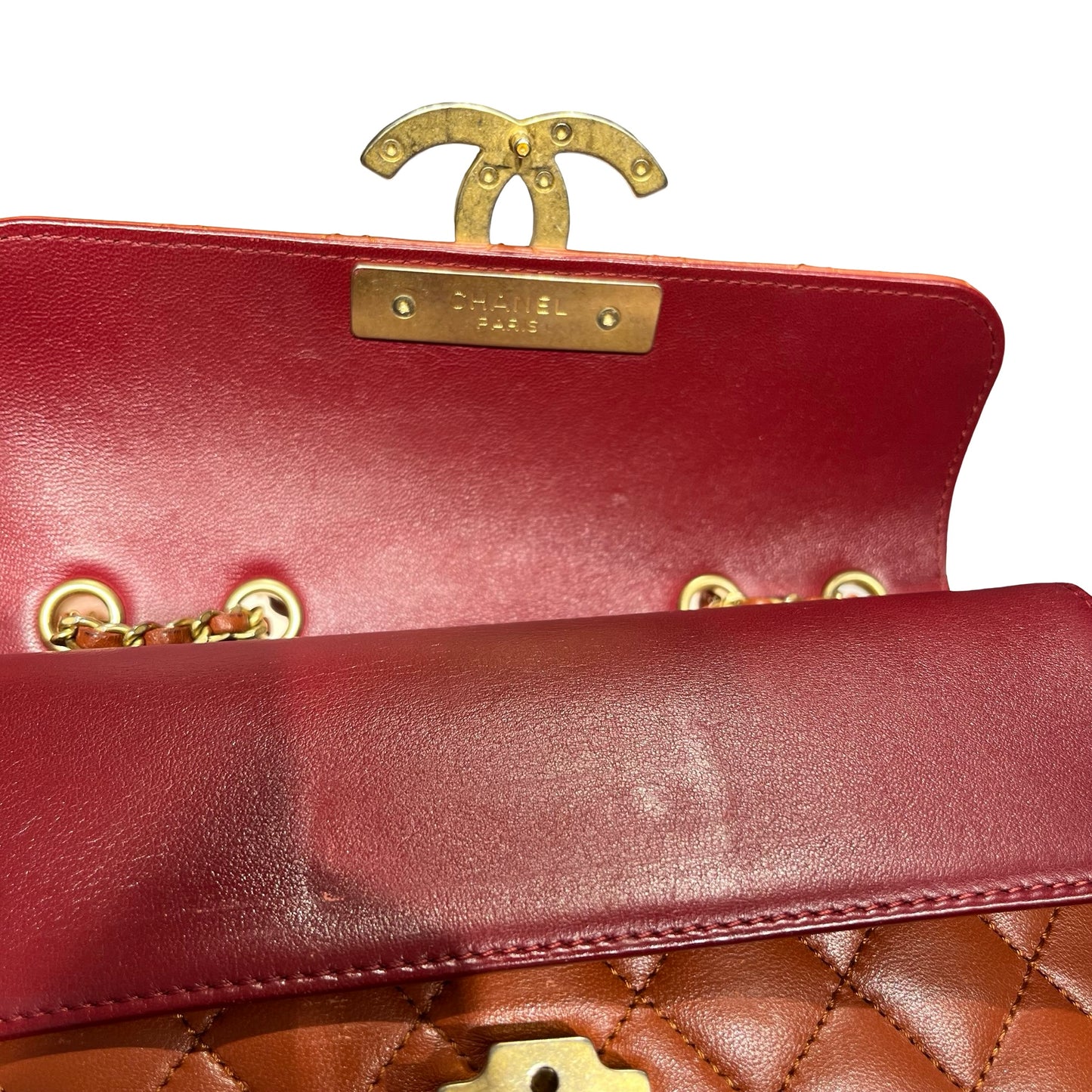 Used Chanel Classic Flap Shoulder Bag Orange GHW Red