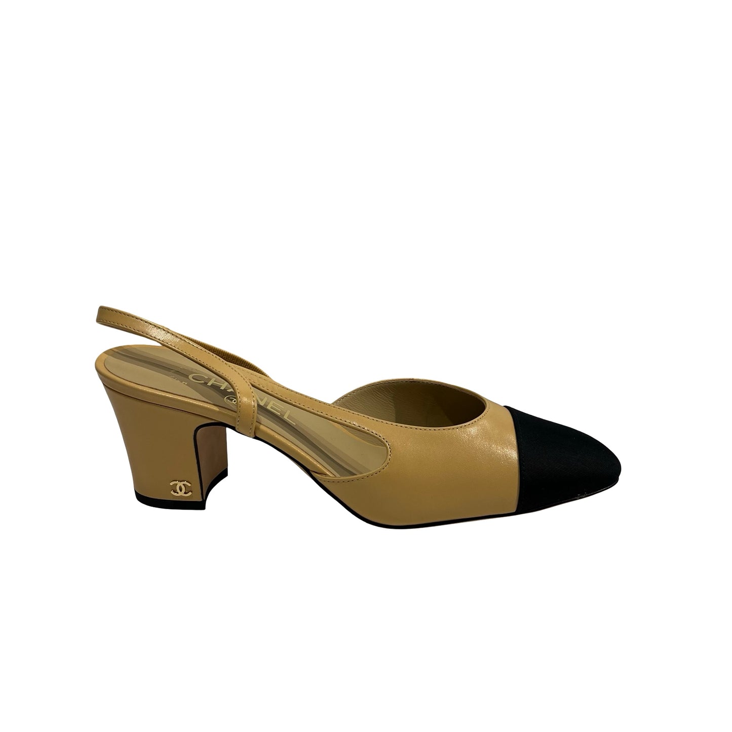 Used CHANEL Goatskin Slingbacks Heels Beige Black