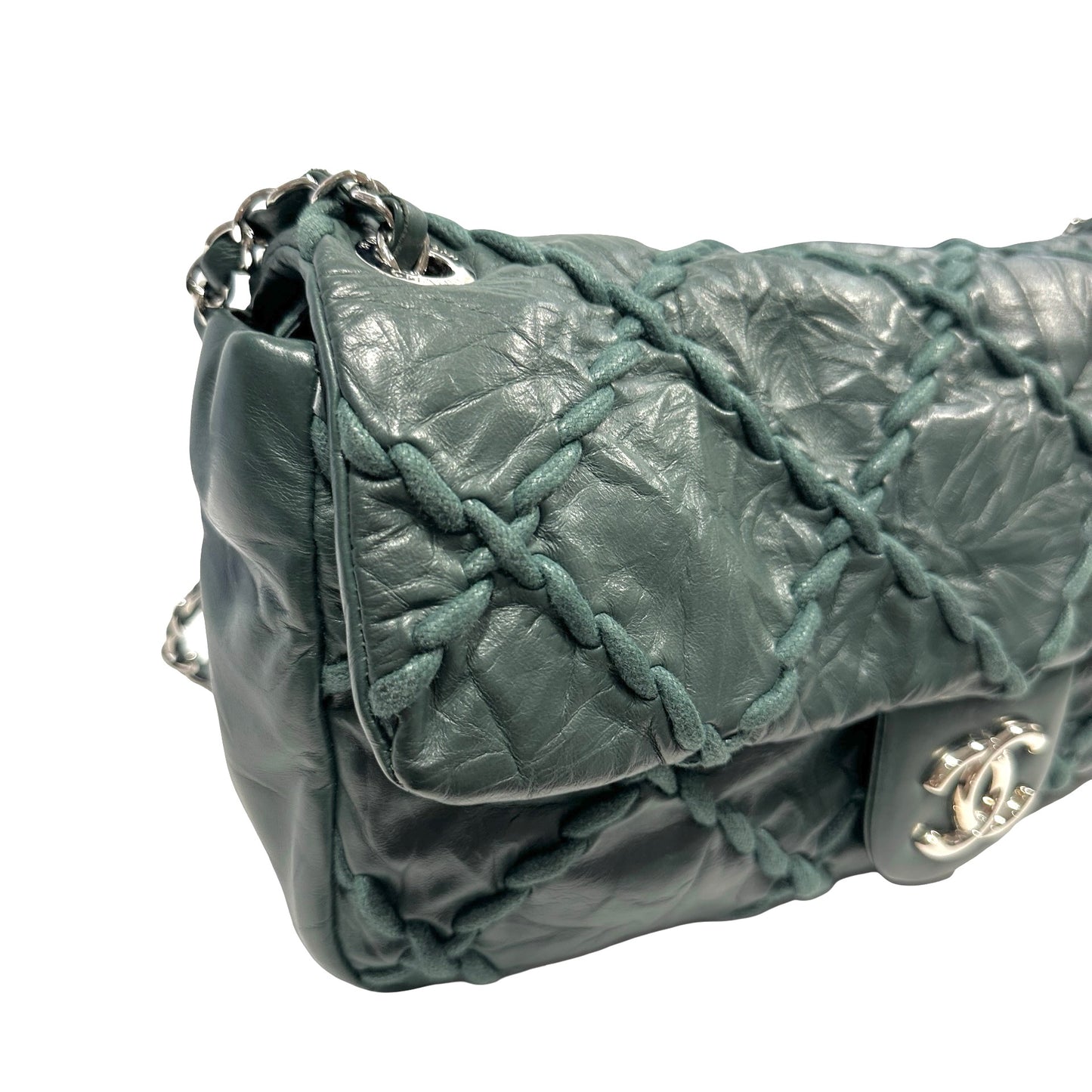CHANEL Quilted Crinkled Calfskin Surpique Chain Shoulder Bag Dark Green Silver Hardware