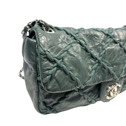 CHANEL Quilted Crinkled Calfskin Surpique Chain Shoulder Bag Dark Green Silver Hardware