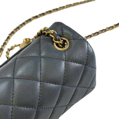 Used CHANEL Quilted Lambskin Mini Flap Bag With Gold Ball Mini Bag Grey GHW