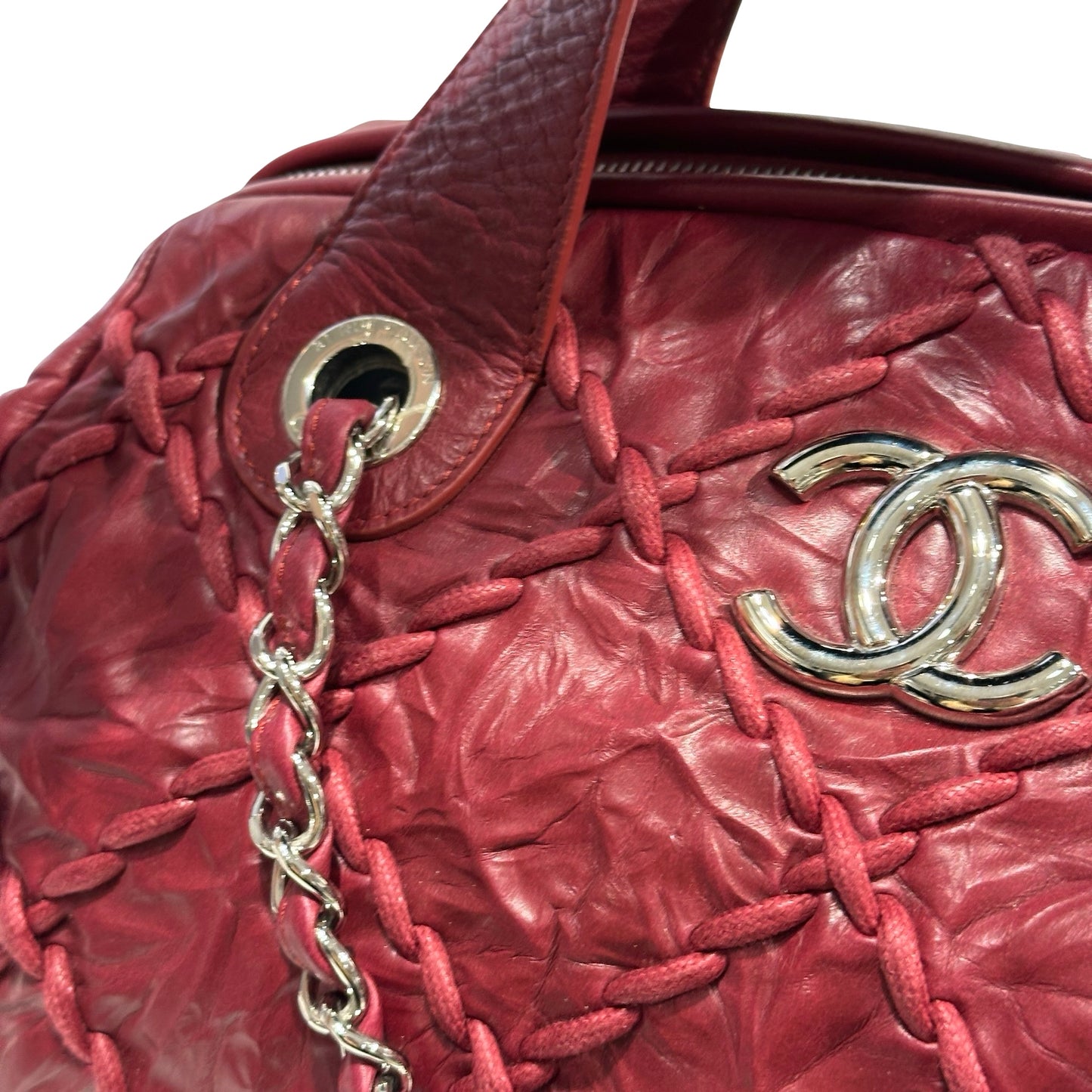 Used CHANEL Leather Quilted Tote Bag Handbag Burgundy