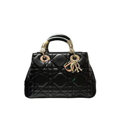 Used Dior Lambskin Leather Lady Dior Tote Bag Black GHW