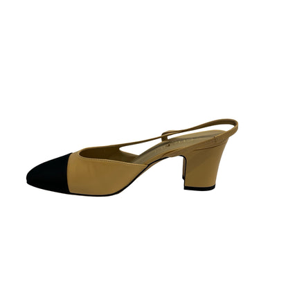 Used CHANEL Goatskin Slingbacks Heels Beige Black