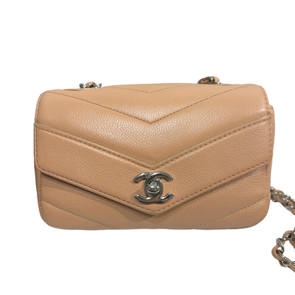 Used CHANEL Chevron Caviar Classic Flap Chain Shoulder Bag Beige