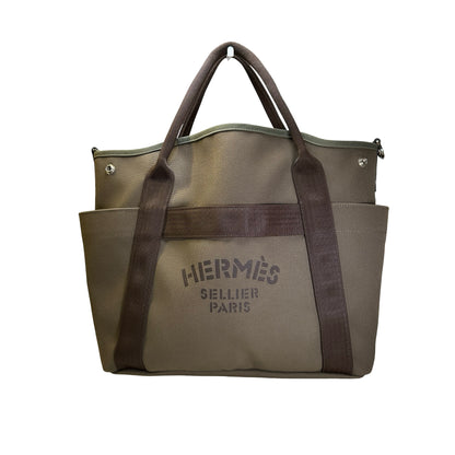 Used HERMES Canvas Grooming Bag Tote Bag Khaki Orange