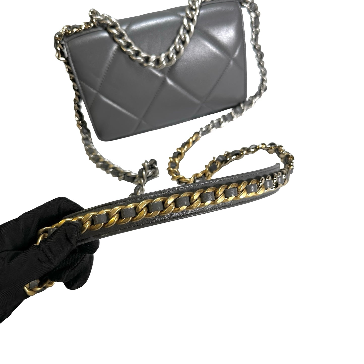 Used CHANEL Quilted Lambskin Chanel 19 Wallet On Chain Wallet on chain Grey GHW