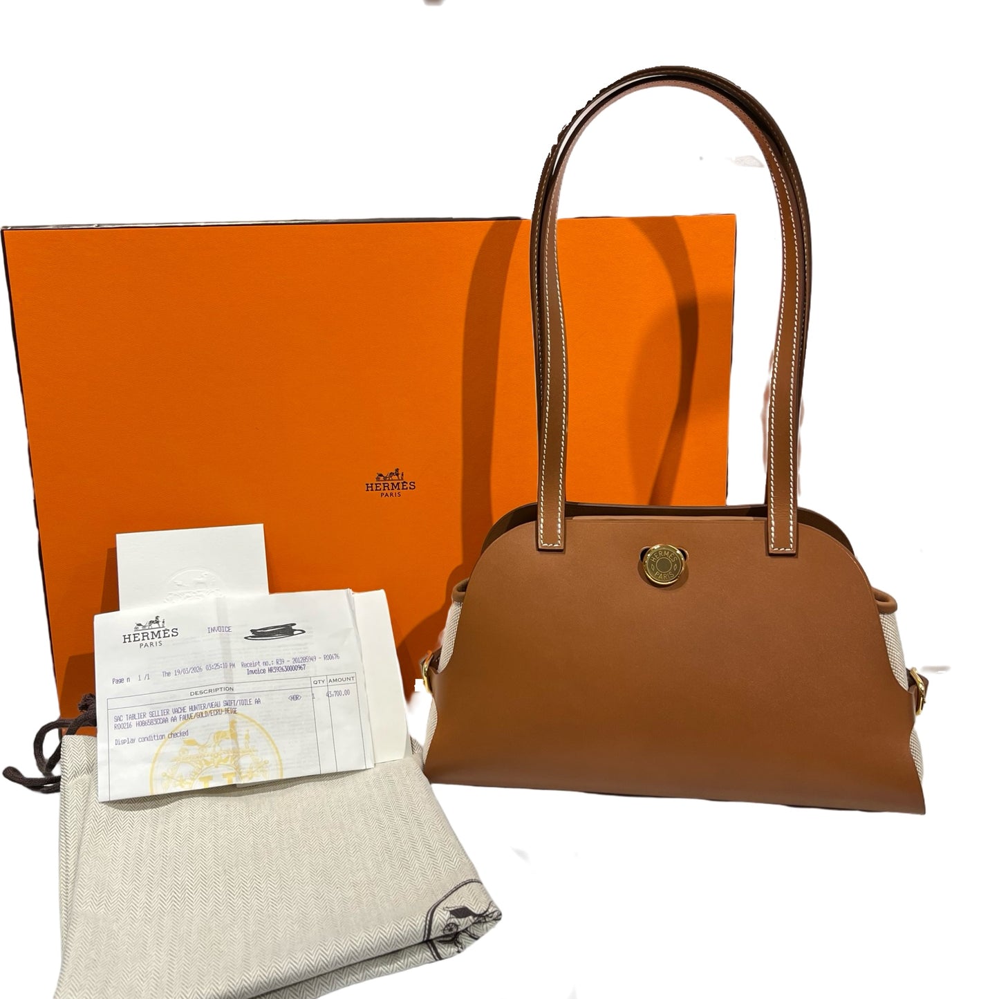 Unused Hermès Swift leather Canvas SAC TABLIER SELLIER Shoulder Bag Brown GHW