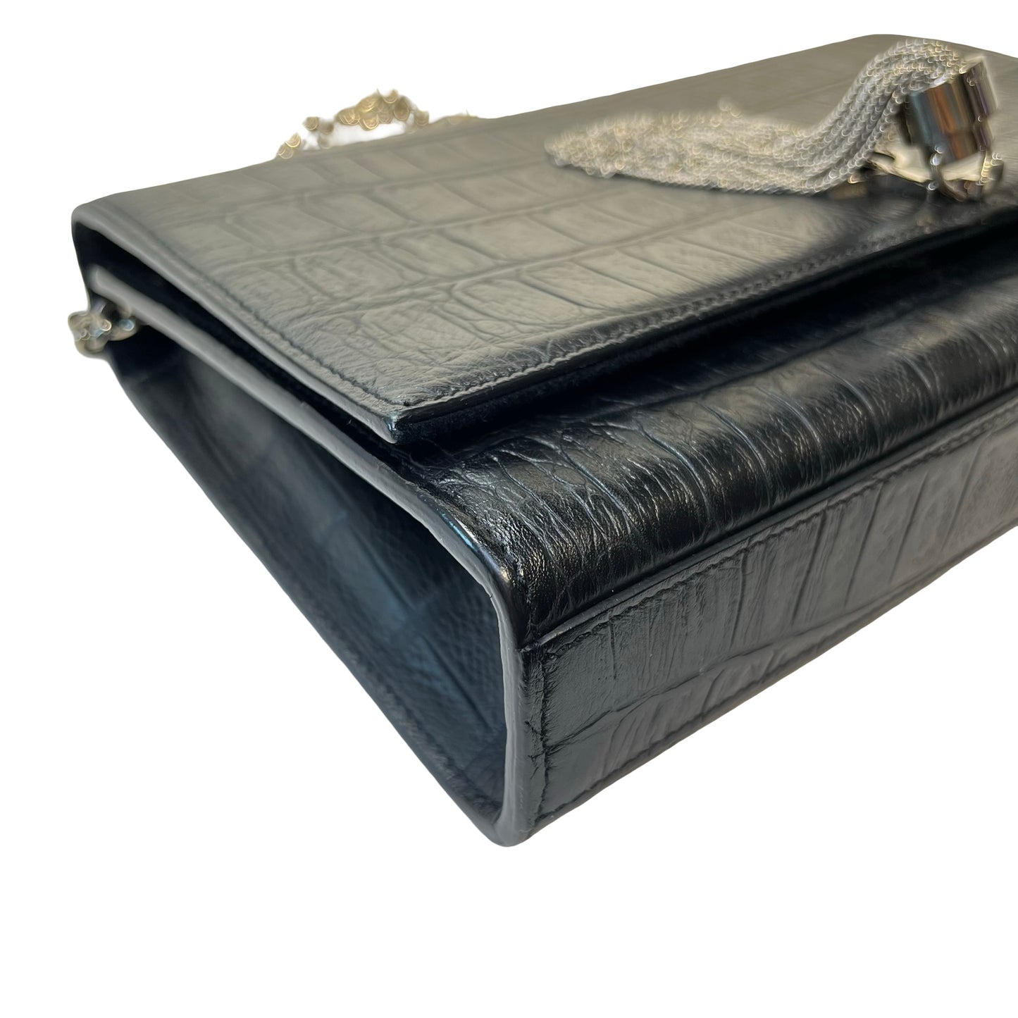 Used Saint Laurent Calfskin Leather Crocodile-Embossed Kate Tassel Chain Shoulder Bag Black PHW