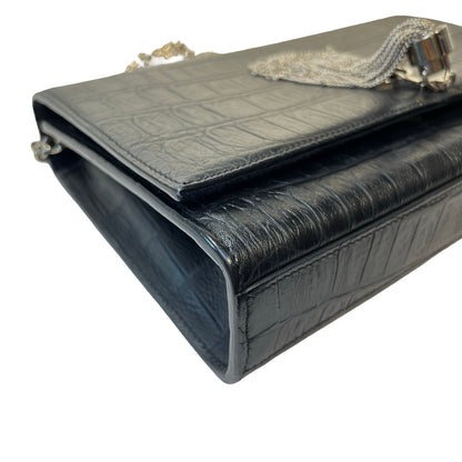 Used Saint Laurent Calfskin Leather Crocodile-Embossed Kate Tassel Chain Shoulder Bag Black PHW