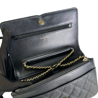 Used CHANEL Quilted Caviar Wallet On Chain Wallet on chain Black Gold