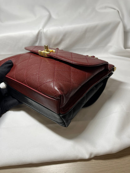 Used Chanel Calfskin Leather Double Sided Flap Shoulder Bag Black Wine Red