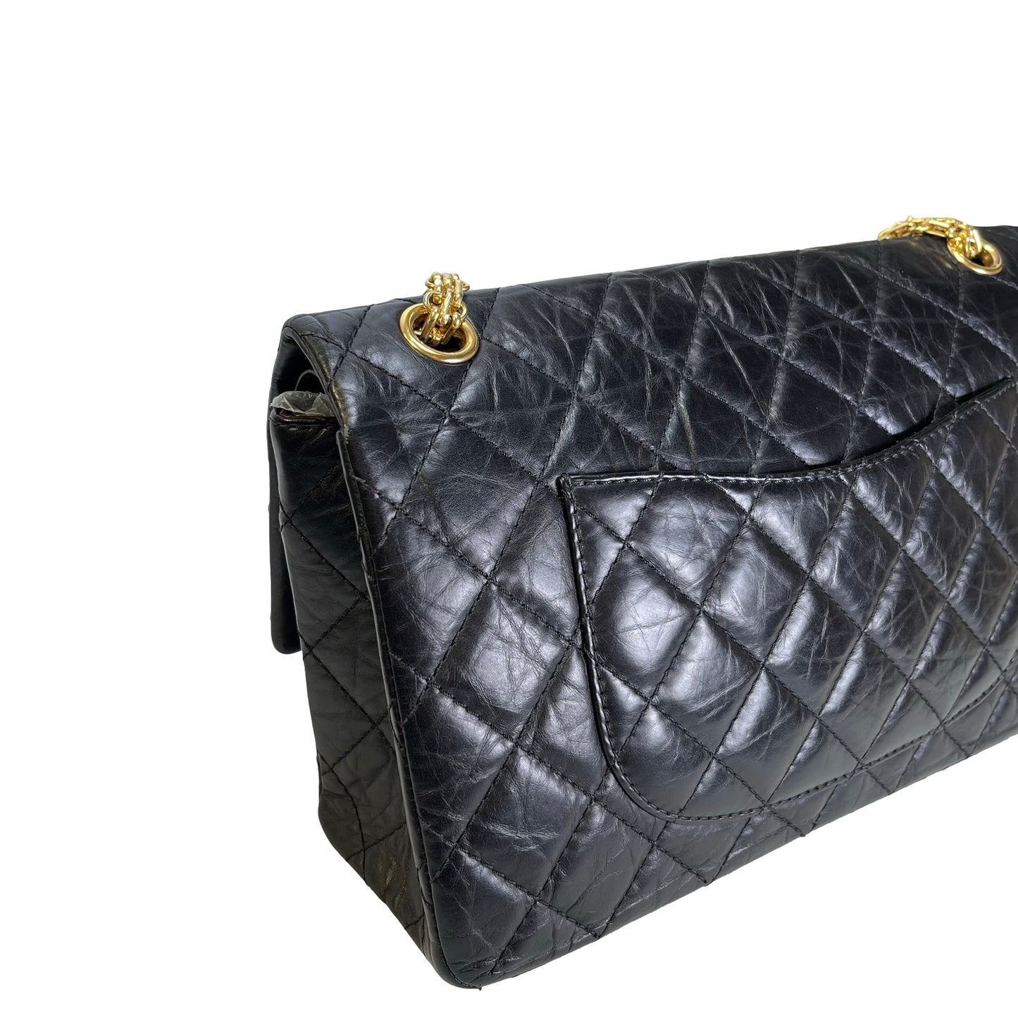 Used CHANEL Quilted Aged Calfskin 2.55 Medium Chain Shoulder Bag Black Gold
