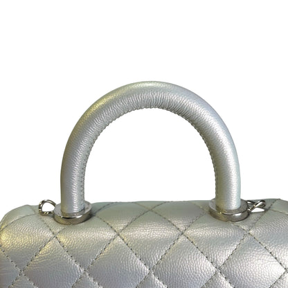 Used CHANEL Quilted Caviar Coco Handle Cross body bag Iridescent Silver Light Blue