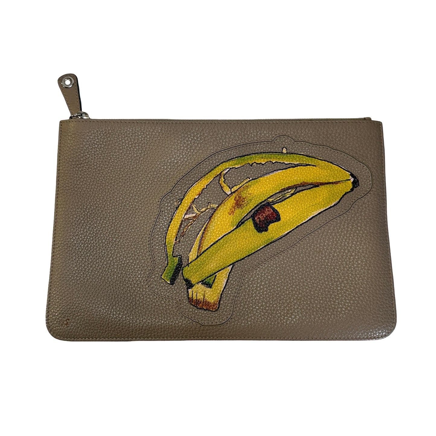Used FENDI Leather Embroidery Banana Pouch Pouch Taupe Yellow Green PHW