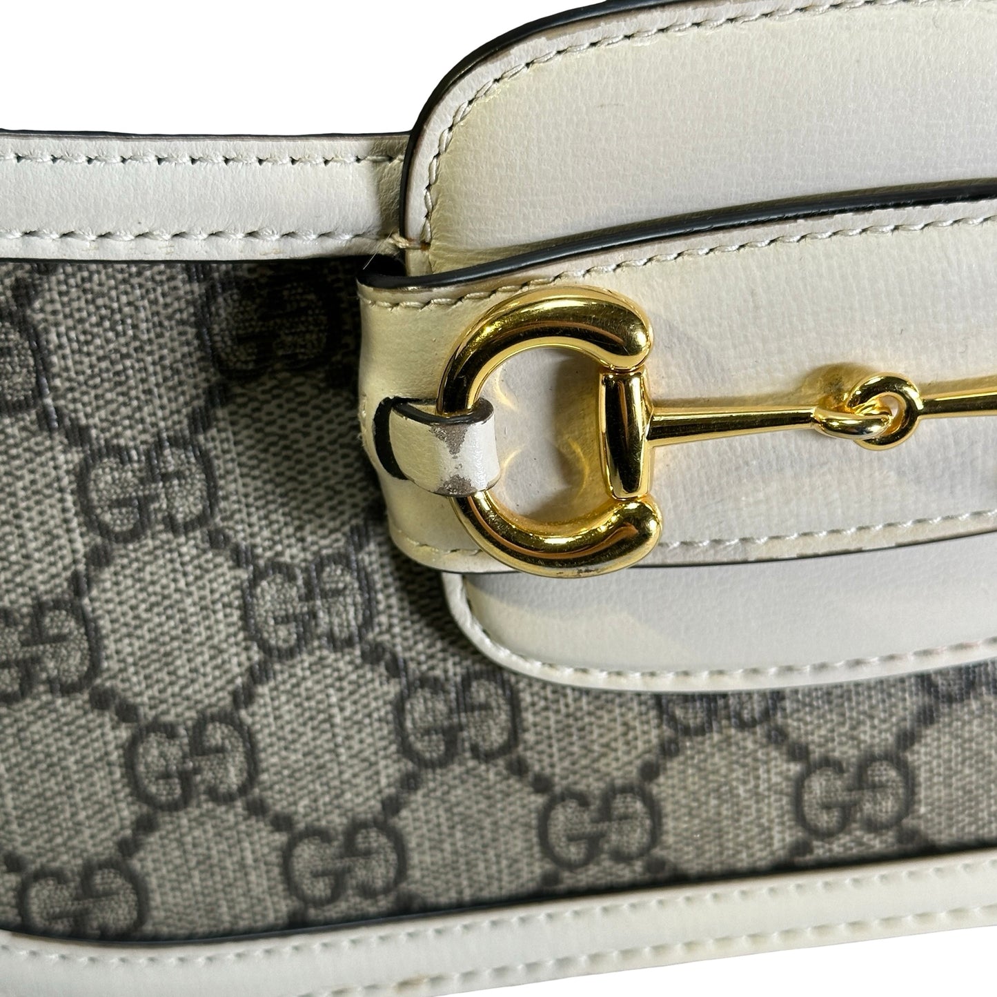 Used GUCCI GG Supreme Canvas Horsebit 1955 Shoulder Bag Beige White GHW