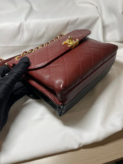 Used Chanel Calfskin Leather Double Sided Flap Shoulder Bag Black Wine Red