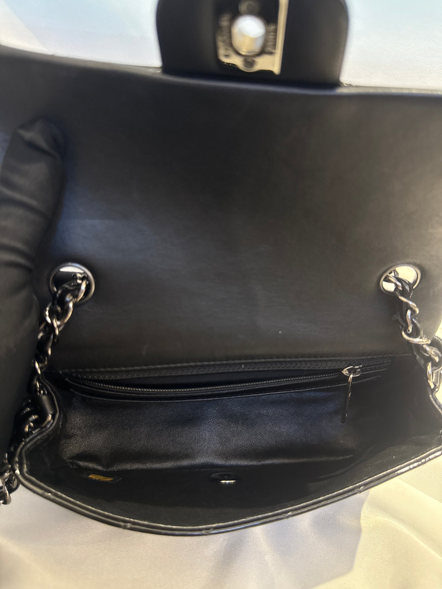 Used Chanel Quilted Patent Leather Classic Flap Mini Chain Shoulder Bag Black PHW