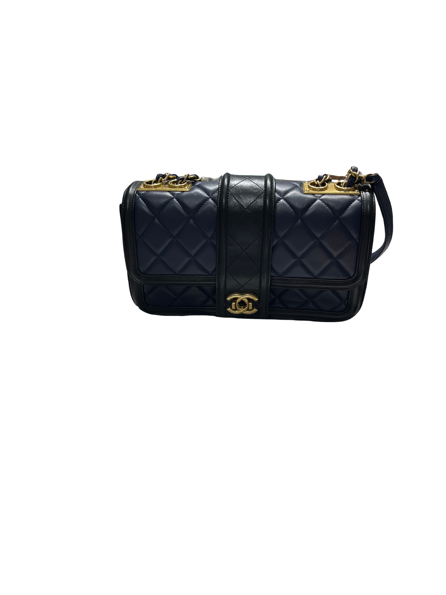Used CHANEL Quilted Lambskin Quilted Boy Bag Chain Shoulder Bag Navy Blue Black