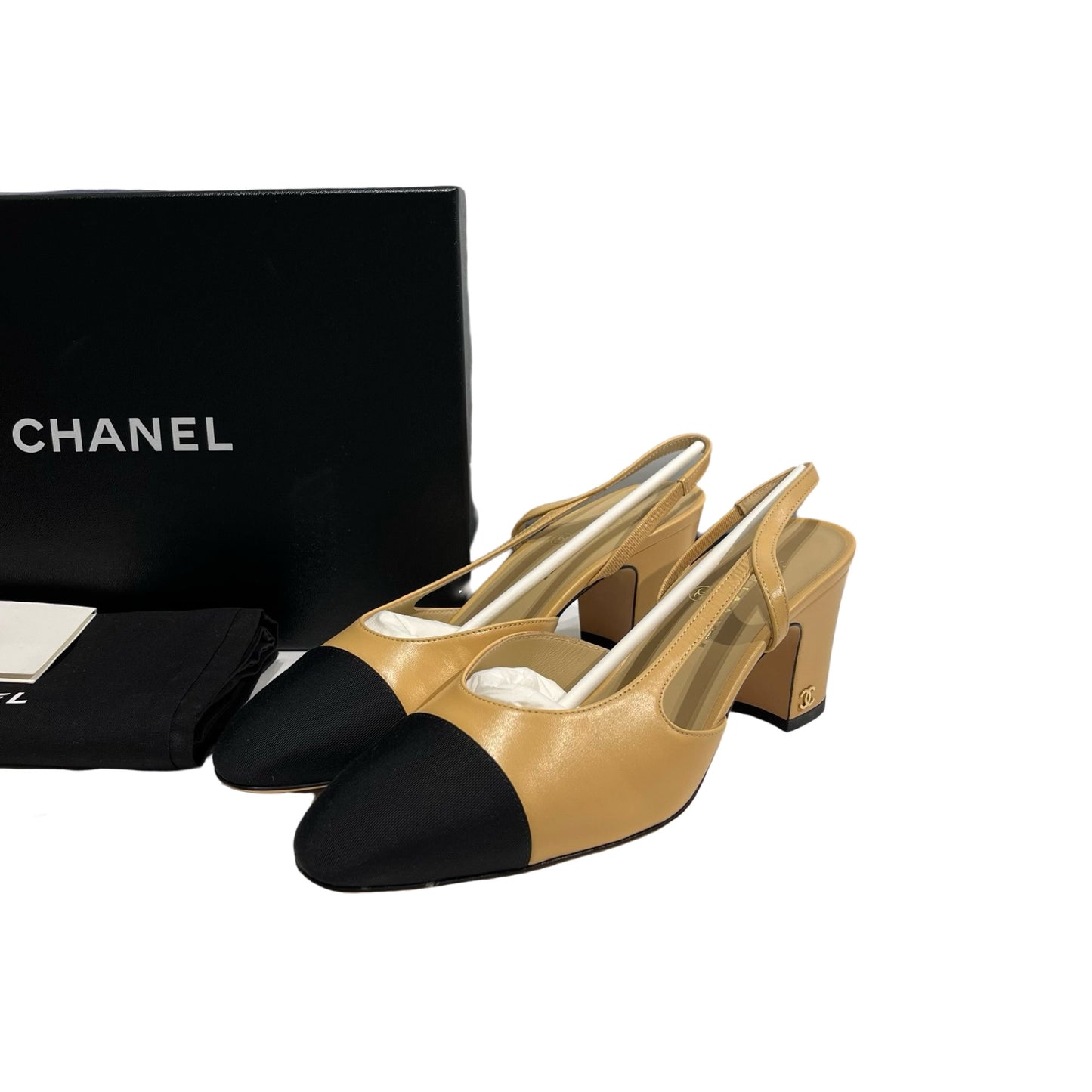 Used CHANEL Goatskin Slingbacks Heels Beige Black