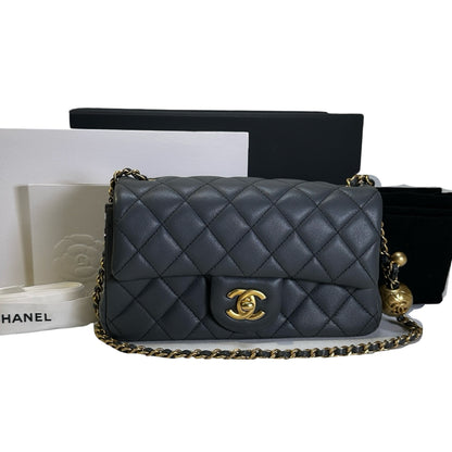 Used CHANEL Quilted Lambskin Mini Flap Bag With Gold Ball Mini Bag Grey GHW