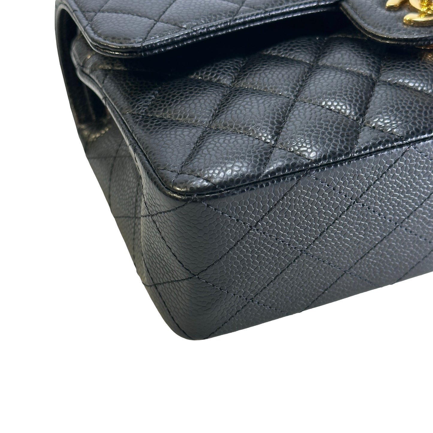 Used CHANEL Caviar Quilted Classic Double Flap Chain Shoulder Bag Black Gold