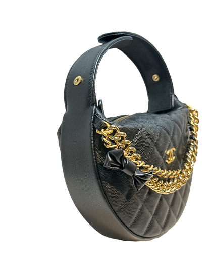 Used CHANEL Caviar Leather RIBBON HOBO POUCH Handbag Black GHW
