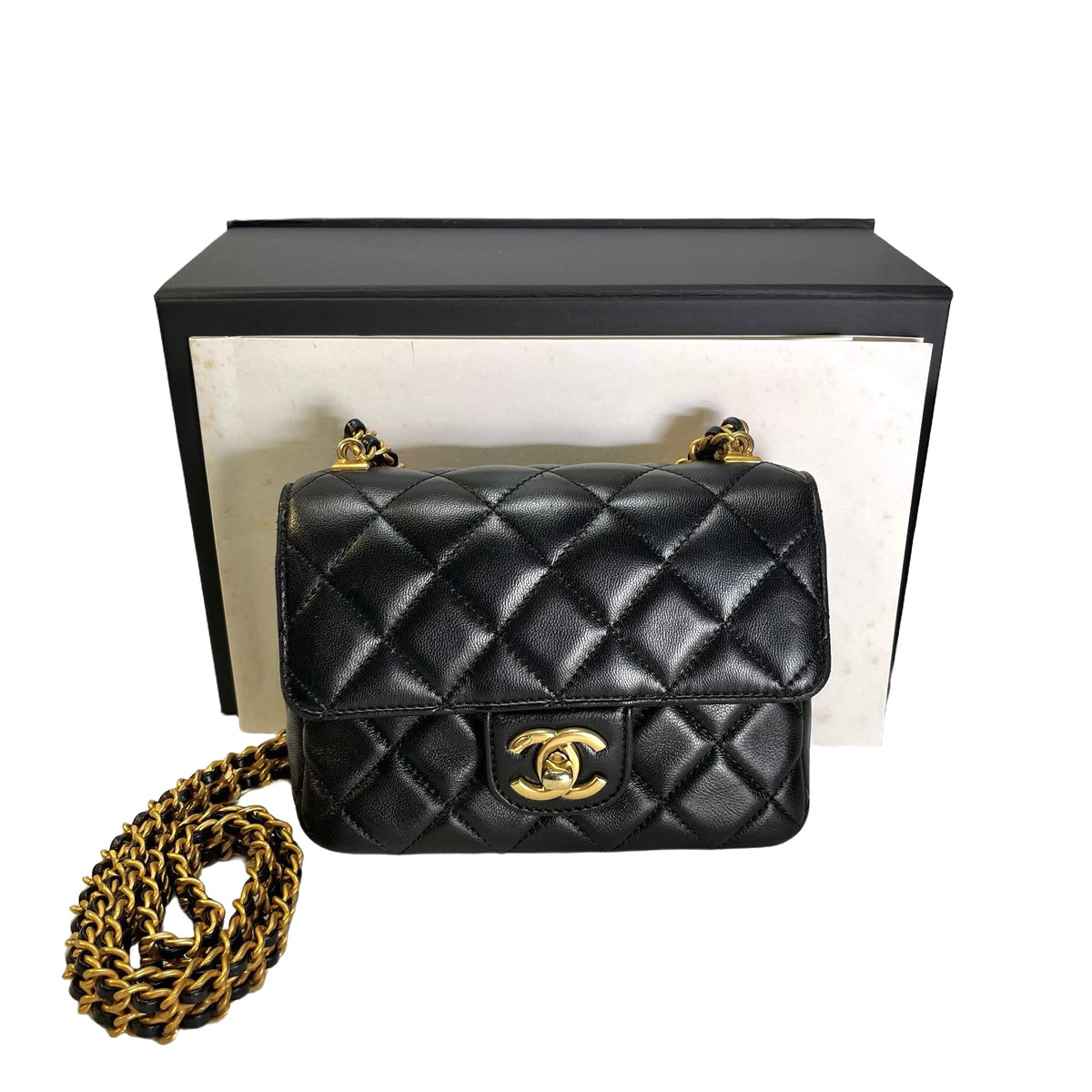 CHANEL Quilted Lambskin Mini Rectangular Flap Chain Shoulder Bag Black Gold