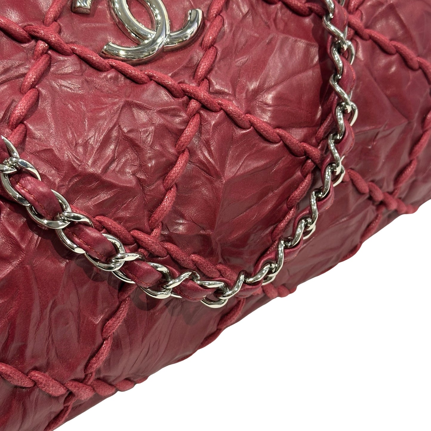 Used CHANEL Leather Quilted Tote Bag Handbag Burgundy