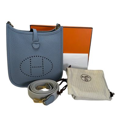HERMES Taurillon Clemence Mini Evelyne Cross Body Bag Light Blue
