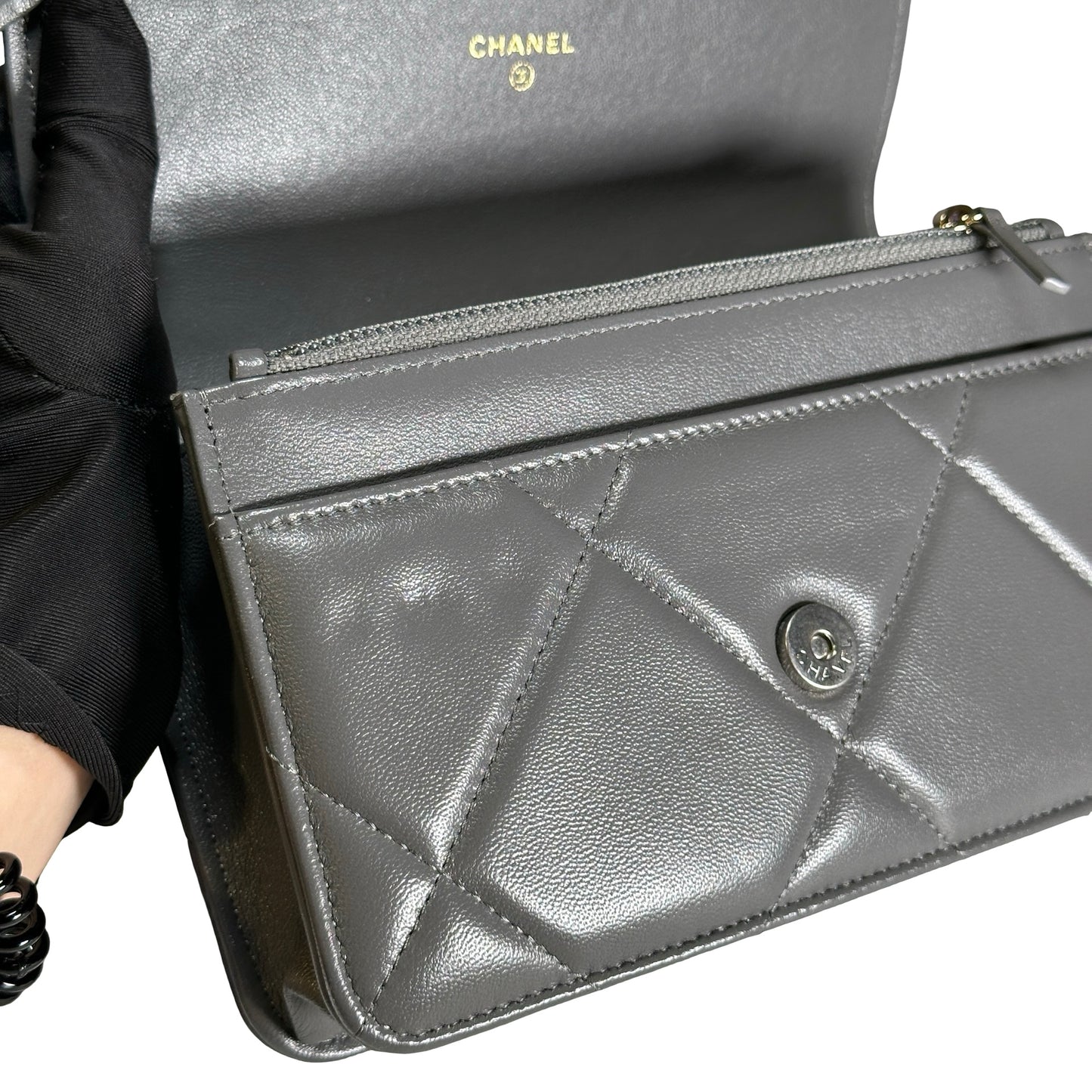 Used CHANEL Quilted Lambskin Chanel 19 Wallet On Chain Wallet on chain Grey GHW