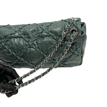 CHANEL Quilted Crinkled Calfskin Surpique Chain Shoulder Bag Dark Green Silver Hardware