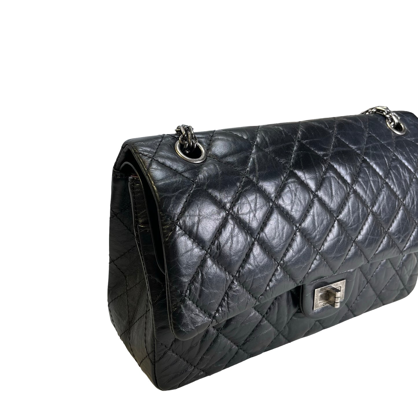 Used CHANEL Quilted Aged Calfskin 2.55 Medium Chain Shoulder Bag Black PHW