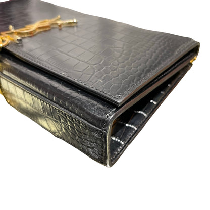 Used SAINT LAURENT Crocodile-Embossed Kate Medium Shoulder Bag Black GHW