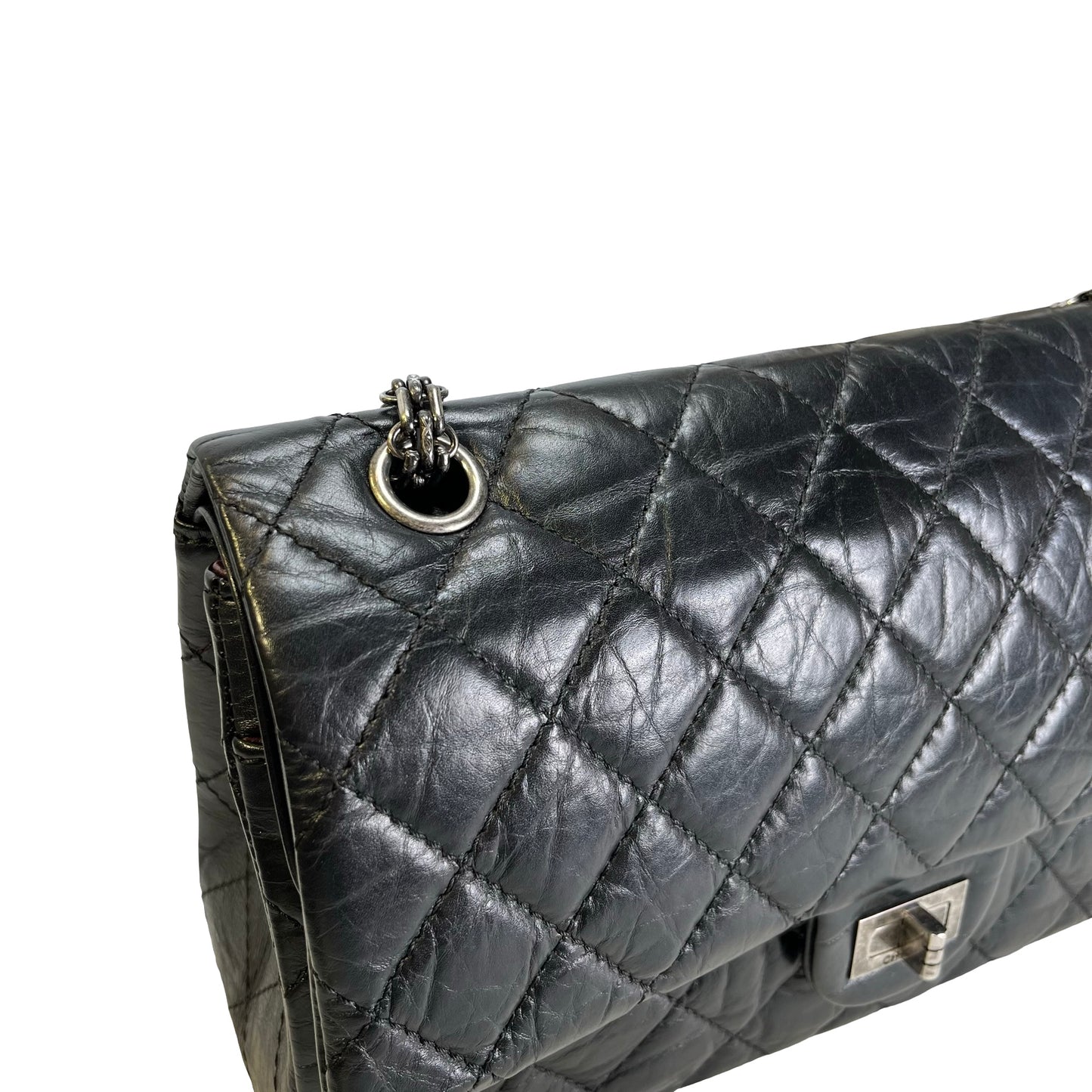 Used CHANEL Quilted Aged Calfskin 2.55 Medium Chain Shoulder Bag Black PHW