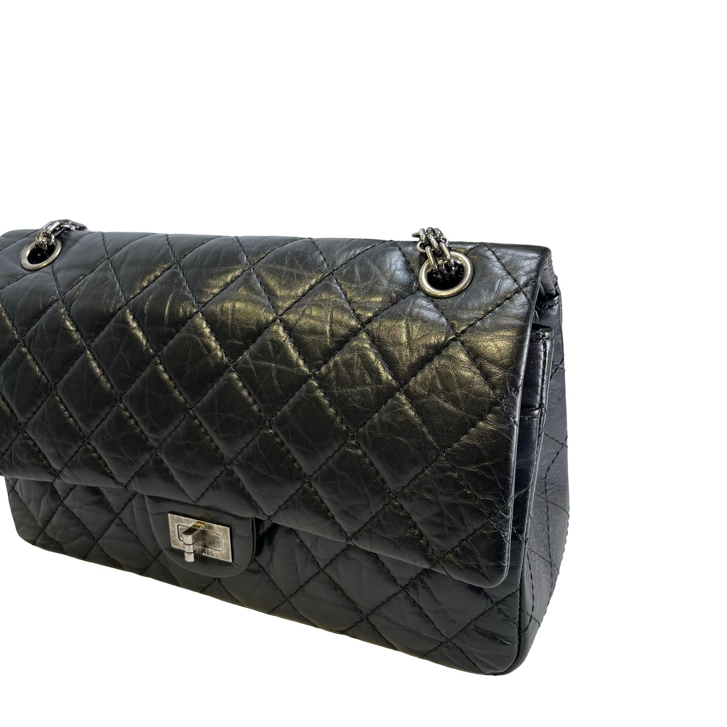 Used CHANEL Quilted Aged Calfskin 2.55 Medium Chain Shoulder Bag Black PHW