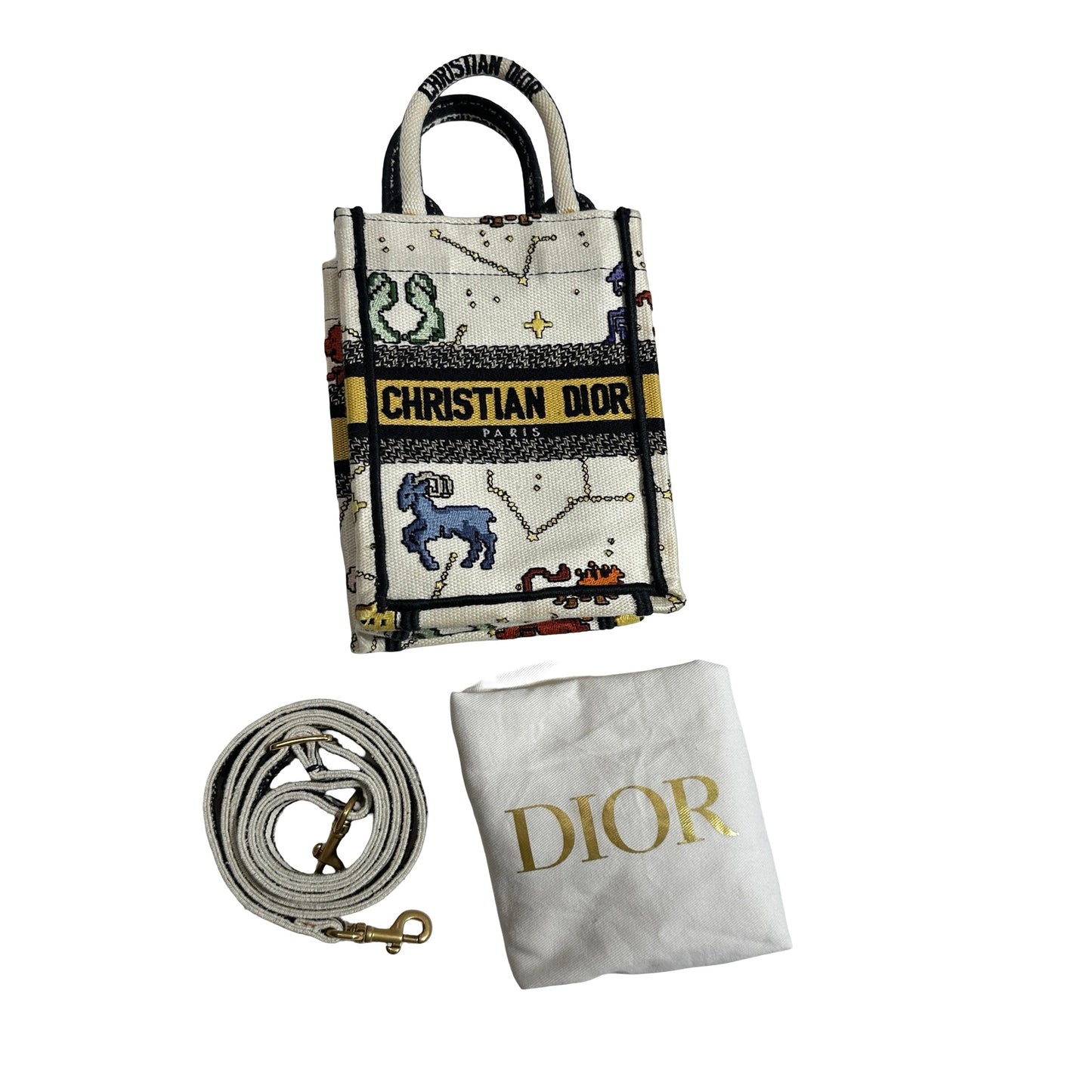 Used DIOR Dior Zodiac Embroidery Canvas Book Tote Mini Tote Bag White Multicolor GHW