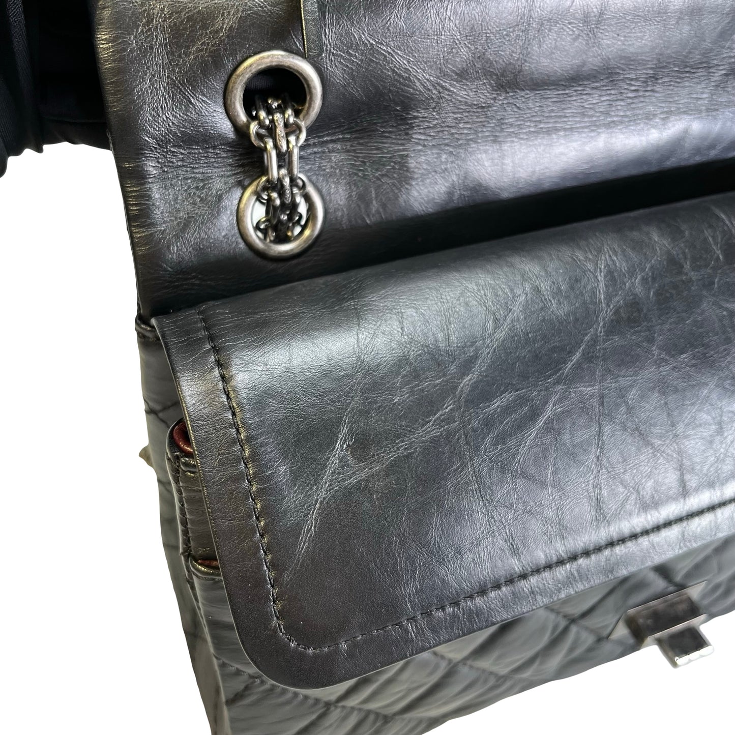 Used CHANEL Quilted Aged Calfskin 2.55 Medium Chain Shoulder Bag Black PHW