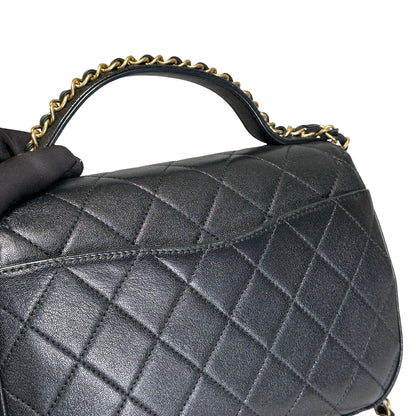 Used CHANEL Lambskin Chain Infinity Top Handle Bag Cross body bag Black GHW
