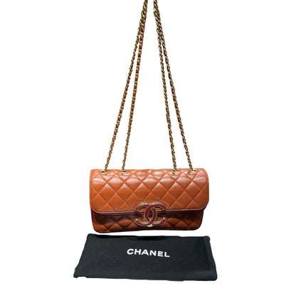 Used Chanel Classic Flap Shoulder Bag Orange GHW Red