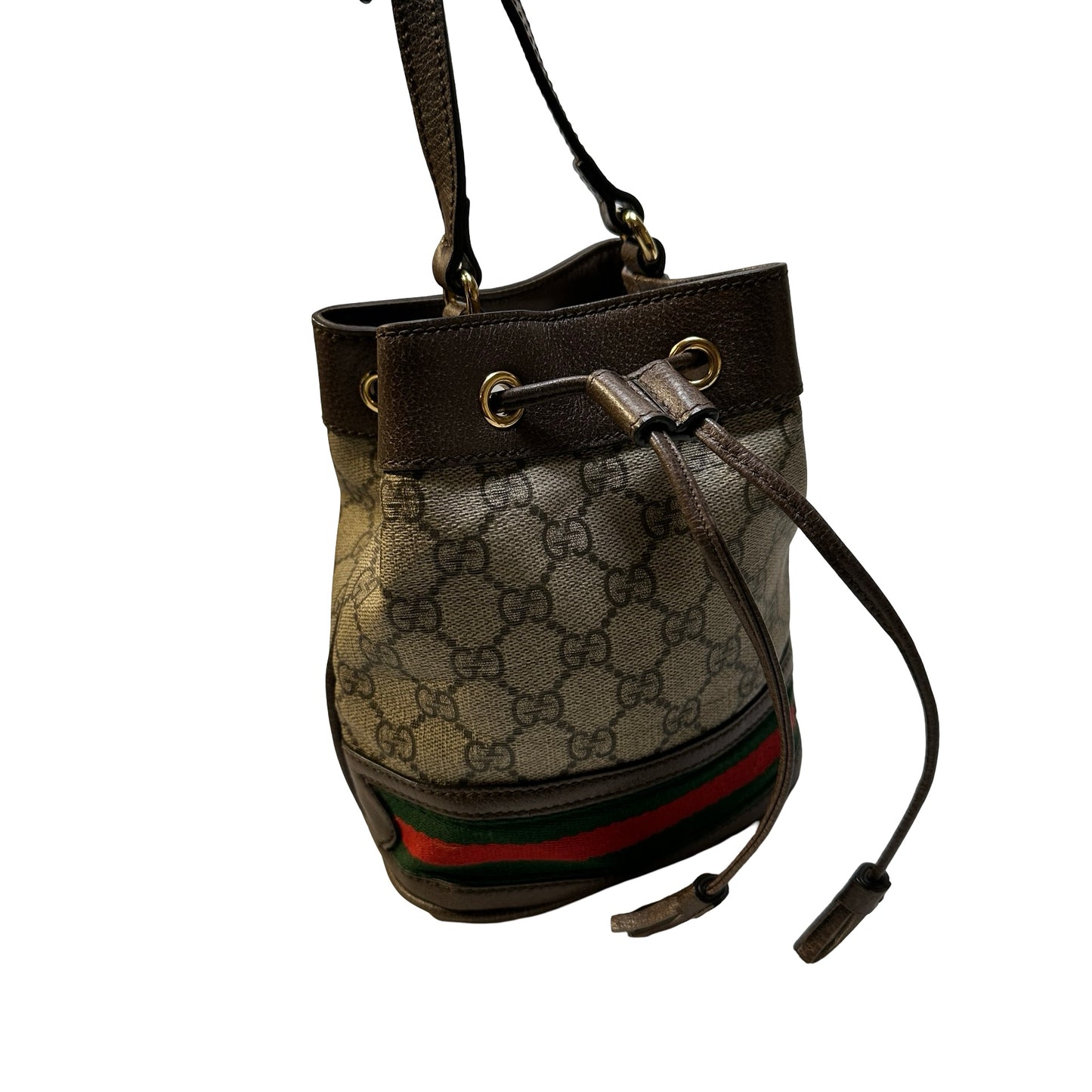 Used GUCCI GG Supreme Canvas Ophidia Bucket Bag Beige Ebony Brown， GHW