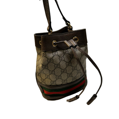Used GUCCI GG Supreme Canvas Ophidia Bucket Bag Beige Ebony Brown， GHW