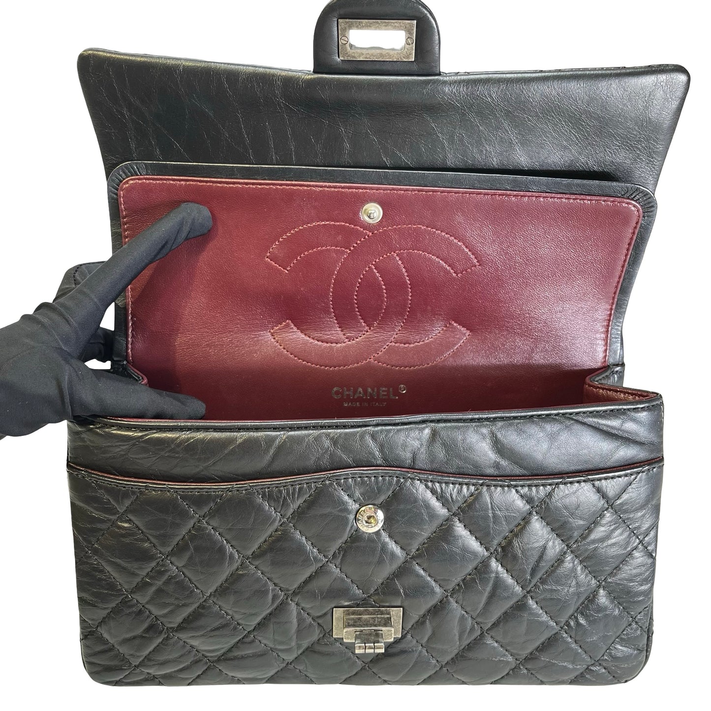 Used CHANEL Quilted Aged Calfskin 2.55 Medium Chain Shoulder Bag Black PHW