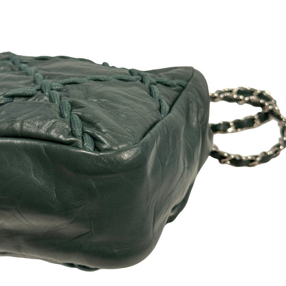 CHANEL Quilted Crinkled Calfskin Surpique Chain Shoulder Bag Dark Green Silver Hardware