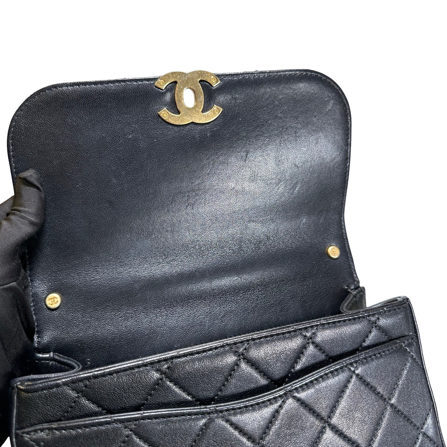 Used CHANEL Lambskin Chain Infinity Top Handle Bag Cross body bag Black GHW