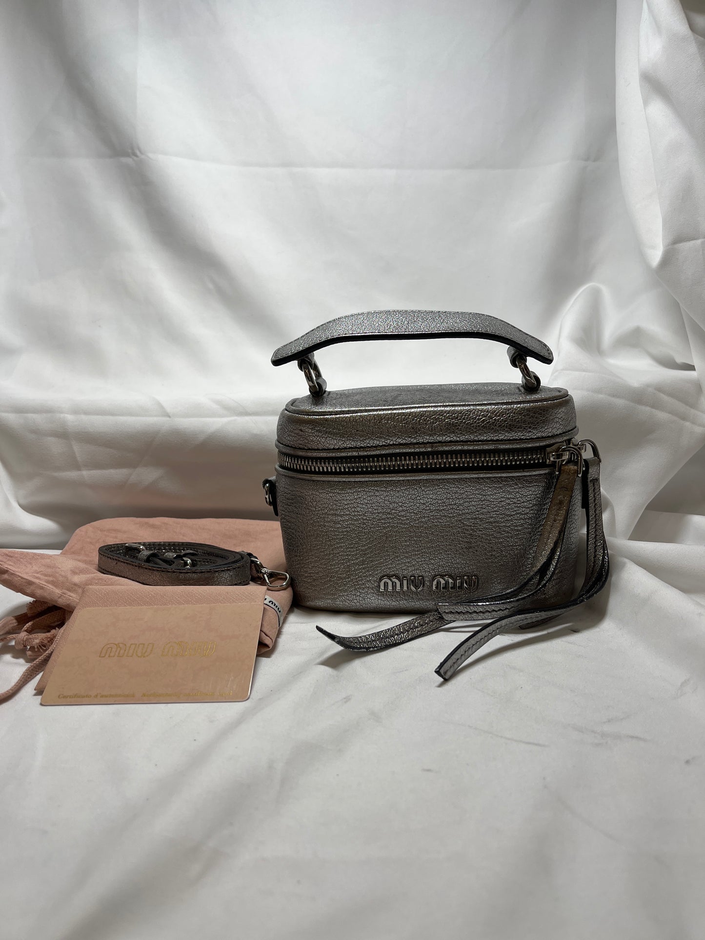 Used Miu Miu Calfskin Leather Vanity Bag Crossbody Bag Silver PHW