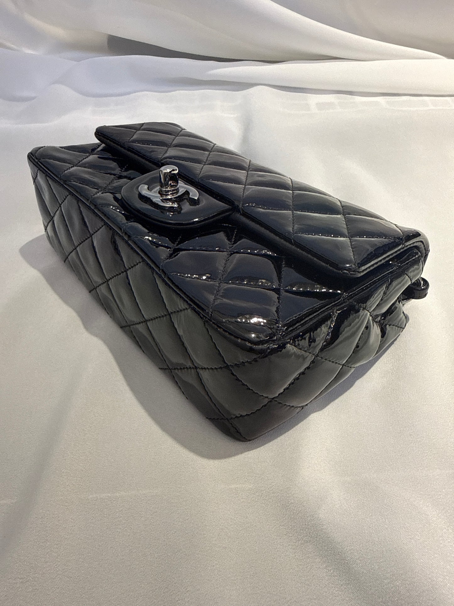 Used Chanel Quilted Patent Leather Classic Flap Mini Chain Shoulder Bag Black PHW