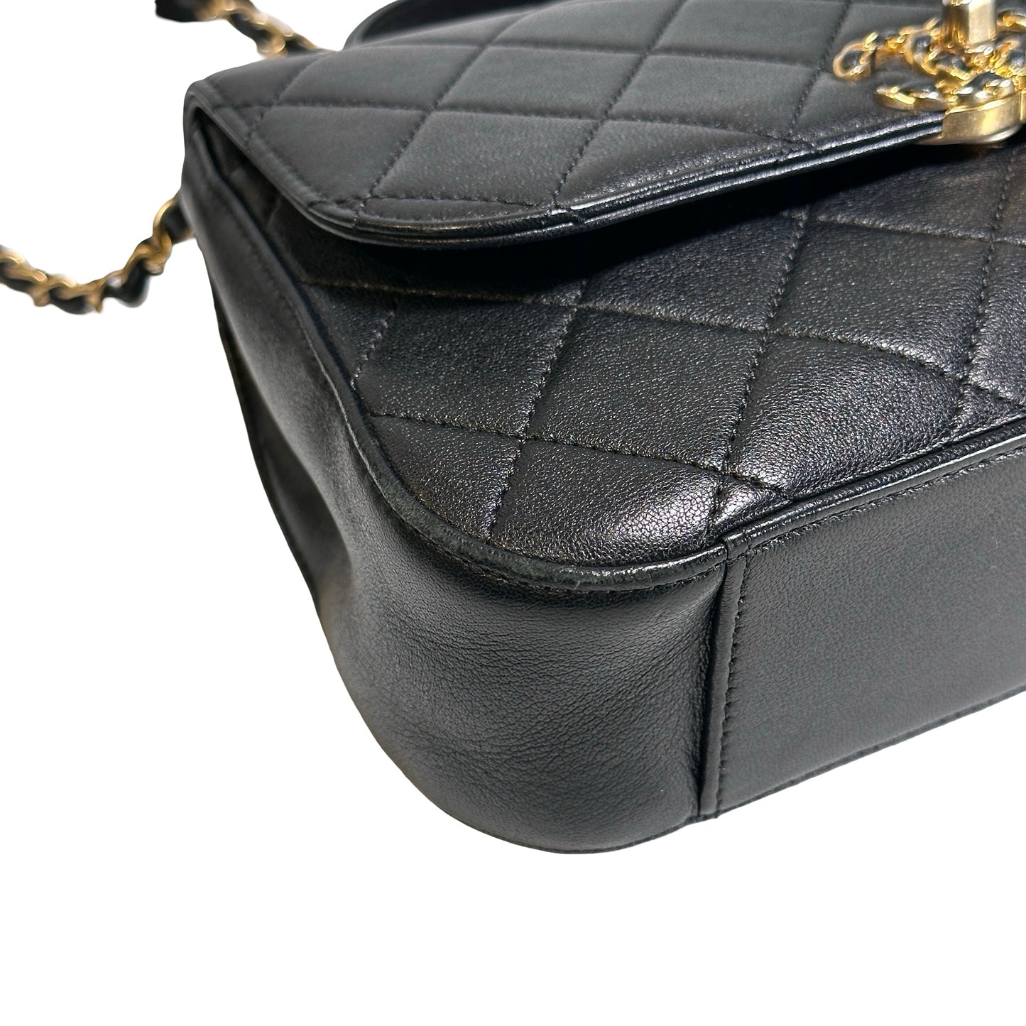 Used CHANEL Lambskin Chain Infinity Top Handle Bag Cross body bag Black GHW