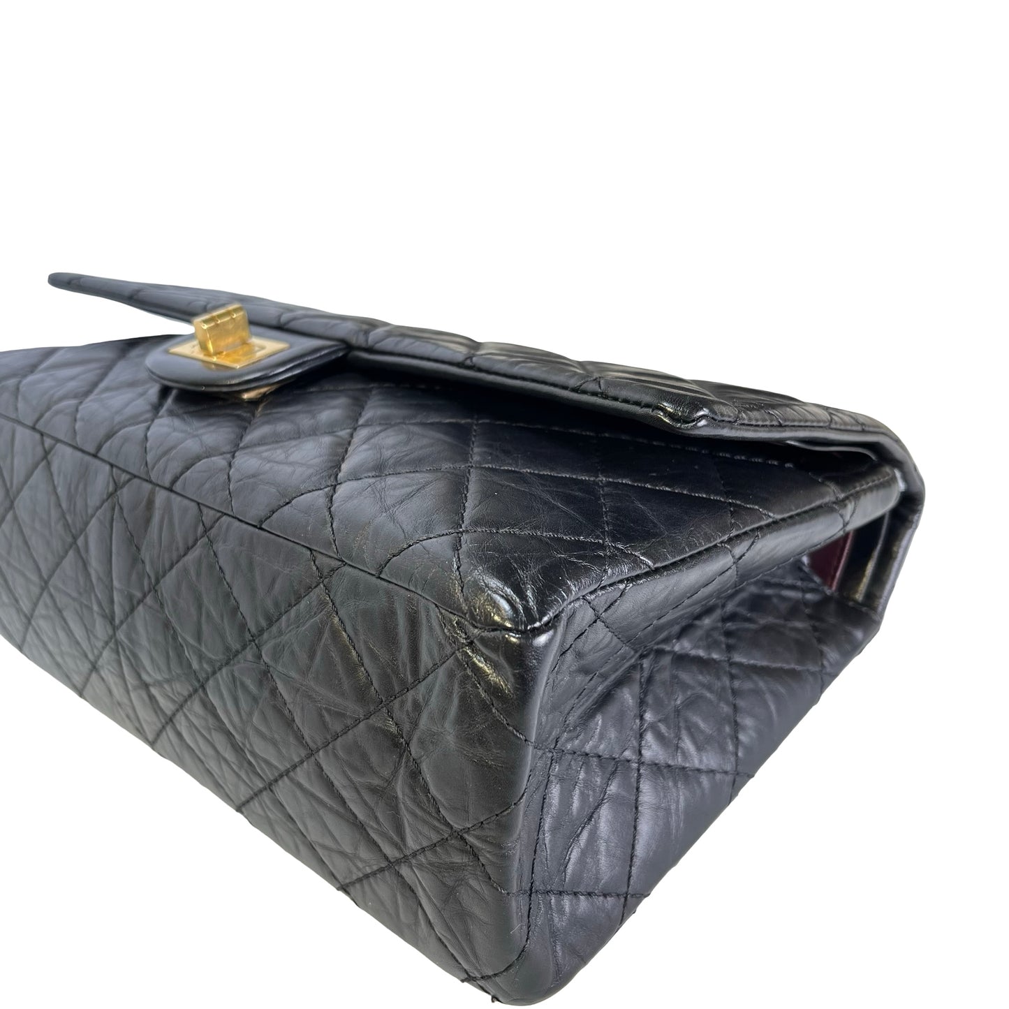 Used CHANEL Quilted Aged Calfskin 2.55 Medium Chain Shoulder Bag Black Gold